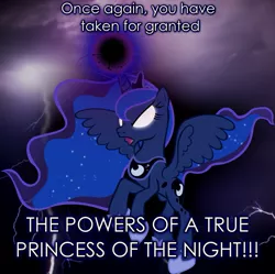 Size: 1003x997 | Tagged: angry, boast, derpibooru import, dragon ball z, edit, lightning, magic, modified quote, photoshop, power, princess luna, princess of the night, quote, safe, solo, vector, vegeta