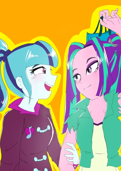 Size: 1240x1748 | Tagged: safe, artist:amazingpuffhair, derpibooru import, aria blaze, sonata dusk, equestria girls, arisona, cute, female, lesbian, shipping