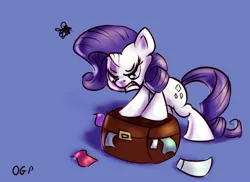 Size: 700x509 | Tagged: safe, artist:tadashi--kun, derpibooru import, rarity, pony, unicorn, angry, luggage, packing, simple background, solo, suitcase