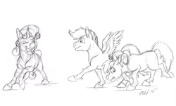 Size: 1280x771 | Tagged: apple bloom, artist:carnivorouscaribou, cutie mark crusaders, derpibooru import, game, monochrome, red light green light, rough sketch, safe, scootaloo, sweetie belle, traditional art