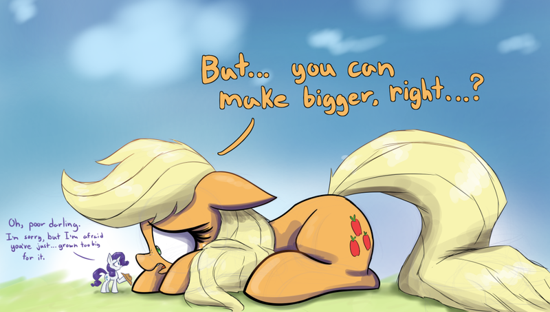 Size: 1280x725 | Tagged: safe, artist:heir-of-rick, derpibooru import, applejack, rarity, pony, dialogue, floppy ears, giant pony, hat, macro, prone, size difference