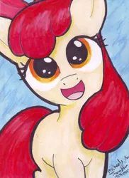 Size: 700x960 | Tagged: safe, artist:michael thompson, derpibooru import, apple bloom, pony, adorabloom, big eyes, bronycan, cute, female, looking at you, mare, markers, original art, smiling, solo, too cute, traditional art