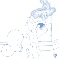 Size: 1200x1200 | Tagged: artist:malwinters, derpibooru import, monochrome, pencil, ruler, safe, sketch, solo, sweetie belle