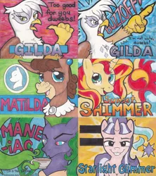 Size: 889x1000 | Tagged: safe, artist:michael thompson, derpibooru import, gilda, mane-iac, matilda, starlight glimmer, sunset shimmer, donkey, gryphon, pony, badge, bronycan, con badge, cute, cute-iac, evil, female, gildadorable, hair, i'm not cute, mare, matildadorable, mean girls, smug, smuglight glimmer, tea, traditional art