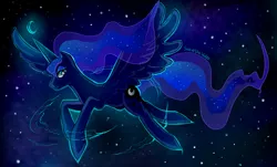 Size: 900x542 | Tagged: artist:skyeypony, blue, derpibooru import, flying, moon, princess luna, safe, solo, stars