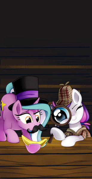 Size: 1024x1994 | Tagged: artist:pepooni, banana, bronycon, bronycon 2015, bronycon mascots, clothes, cute, derpibooru import, fake moustache, hat, hoof hold, magnifying glass, moustache, oc, oc:blank canvas, oc:mane event, raised eyebrow, safe, sherlock holmes, silly, smiling, smirk, top hat, unofficial characters only, wink