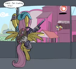 Size: 962x868 | Tagged: semi-grimdark, artist:metal-kitty, derpibooru import, angel bunny, derpy hooves, fluttershy, pegasus, pony, 2fort, blood, crossover, death, derpy soldier, female, mare, snipershy, team fortress 2, the stare