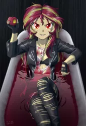 Size: 684x1000 | Tagged: semi-grimdark, suggestive, artist:uotapo, derpibooru import, sunset shimmer, vampire, equestria girls, apple, bathtub, blood, bloodbath, bra, breasts, clothes, colored pupils, countess elizabeth bathory, fangs, female, fingerless gloves, gloves, glowing eyes, looking at you, open jacket, red eyes, see-through, sexy, sinfully sexy, solo, solo female, torn clothes, underwear, vampire shimmer, vampirism