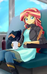 Size: 2199x3429 | Tagged: safe, artist:ryou14, derpibooru import, sunset shimmer, equestria girls, bag, cup, flask, solo, train