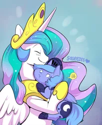 Size: 540x657 | Tagged: safe, artist:ende26, derpibooru import, princess celestia, princess luna, alicorn, pony, :t, annoyed, blushing, cute, cutelestia, daaaaaaaaaaaw, eyes closed, female, filly, frown, grin, hape, heart, hnnng, hug, lunabetes, mare, smiling, squeeze, squeezing, wide eyes, woona, woona knight