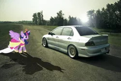 Size: 3888x2592 | Tagged: safe, artist:bronyno786, artist:proenix, derpibooru import, twilight sparkle, twilight sparkle (alicorn), alicorn, pony, car, clothes, crown, dress, female, irl, mare, mitsubishi, mitsubishi lancer, mitsubishi lancer evolution viii, photo, ponies in real life, shadow, shoes, solo, vector