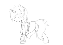 Size: 3500x2500 | Tagged: safe, artist:velvetremedyarts, derpibooru import, oc, oc:littlepip, unofficial characters only, pony, unicorn, fallout equestria, fanfic, black and white, butt, clothes, commission, fanfic art, female, grayscale, hooves, horn, looking back, mare, missing cutie mark, monochrome, pipbuck, plot, simple background, solo, vault suit, white background