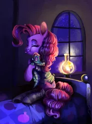 Size: 900x1214 | Tagged: safe, artist:dearmary, derpibooru import, gummy, pinkie pie, bed, clothes, eyes closed, hug, night, nose wrinkle, socks, striped socks, tongue out