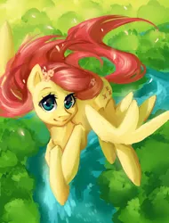 Size: 1785x2345 | Tagged: artist:my-magic-dream, derpibooru import, flower, flower in hair, fluttershy, flying, looking at you, safe, solo