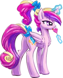 Size: 6128x7568 | Tagged: safe, artist:kp-shadowsquirrel, artist:sagegami, derpibooru import, princess cadance, alicorn, pony, absurd resolution, alternate hairstyle, candy, chest fluff, female, hair bow, lollipop, magic, mare, plot, ponytail, simple background, solo, tail bow, telekinesis, tongue out, trace, transparent background, vector