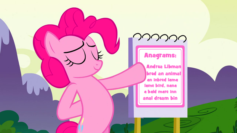 Size: 1280x720 | Tagged: anagram, andrea libman, derpibooru import, edit, edited screencap, female, flipchart, meme, pinkie pie, screencap, suggestive, too many pinkie pies