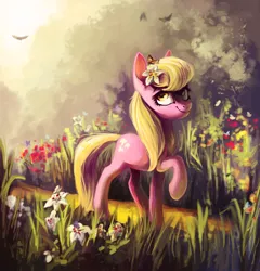 Size: 900x938 | Tagged: safe, artist:dearmary, derpibooru import, lily, lily valley, butterfly, earth pony, pony, flower, flower in hair, garden, grass, grin, raised hoof, scenery, smiling, solo