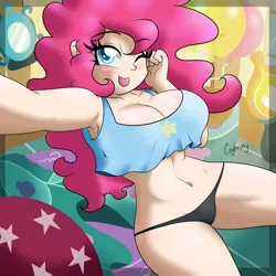 Size: 6667x6667 | Tagged: suggestive, artist:thebrokencog, derpibooru import, pinkie pie, human, absurd resolution, armpits, belly button, big breasts, breasts, busty pinkie pie, cleavage, clothes, female, humanized, looking at you, panties, ponk, selfie, solo, solo female, thong, tongue out, underwear, wink