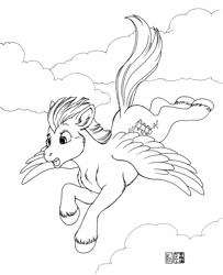 Size: 810x1000 | Tagged: safe, artist:kacey miyagami, derpibooru import, oc, oc:dandelion dreams, unofficial characters only, pegasus, pony, cloud, cloudy, fanfic art, flying, monochrome, solo, unshorn fetlocks