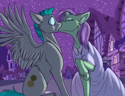 Size: 1000x773 | Tagged: safe, artist:foxenawolf, derpibooru import, oc, oc:lavender dreams, oc:whirring cogs, unofficial characters only, pegasus, pony, unicorn, fanfic:change of life, broken horn, change of life, clothes, dress, fanfic art, kissing, night, spread wings, surprise kiss, unshorn fetlocks