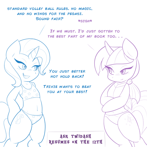 Size: 1280x1280 | Tagged: artist:ambris, ask twidash, belly button, bikini, clothes, derpibooru import, midriff, safe, semi-anthro, sketch, swimsuit, trixie, twilight sparkle, twilight sparkle (alicorn)