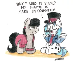 Size: 1610x1384 | Tagged: safe, artist:bobthedalek, derpibooru import, octavia melody, vinyl scratch, earth pony, pony, unicorn, clothes, dress, guy incognito, hat, moustache, paper-thin disguise, seems legit, suit, the simpsons, top hat, traditional art