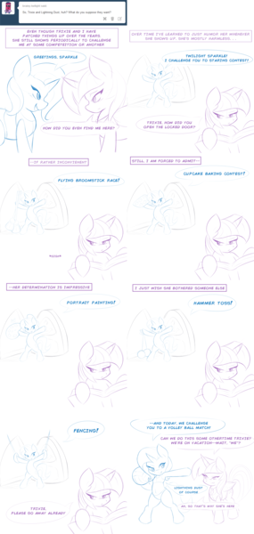 Size: 2560x5382 | Tagged: safe, artist:ambris, derpibooru import, lightning dust, rainbow dash, trixie, twilight sparkle, twilight sparkle (alicorn), semi-anthro, ask, ball, belly button, bikini, bipedal, book, broom, clothes, comic, cupcake, dialogue, female, inconvenient trixie, lesbian, lineart, looking at each other, midriff, open mouth, reading, shipping, smiling, swimsuit, sword, trixiedust, tumblr, twidash