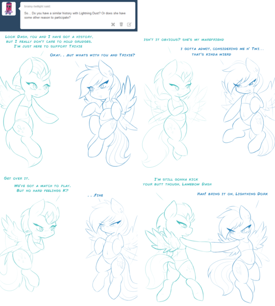 Size: 2560x2848 | Tagged: safe, artist:ambris, derpibooru import, lightning dust, rainbow dash, trixie, twilight sparkle, semi-anthro, ask, belly button, bikini, clothes, comic, crossed hooves, dialogue, female, flying, lesbian, lineart, looking at each other, midriff, shipping, smiling, swimsuit, trixiedust, tumblr, twidash