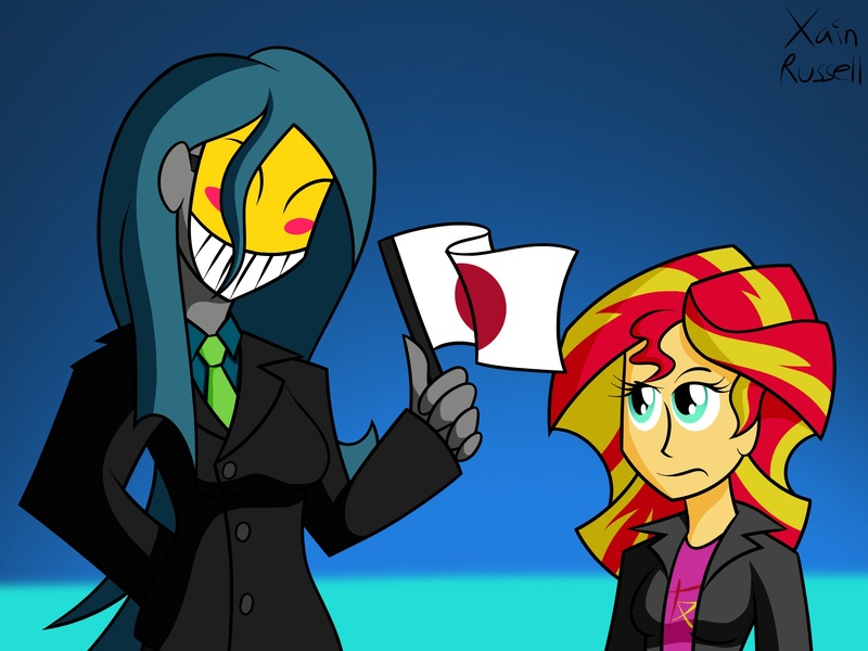 Size: 2400x1800 | Tagged: safe, artist:xain-russell, deleted from derpibooru, derpibooru import, queen chrysalis, sunset shimmer, ask sunset the otaku, equestria girls, clothes, flag, japan, mask, necktie, smiley face, suit