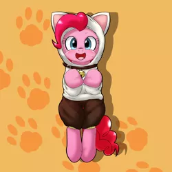 Size: 1000x1000 | Tagged: animal costume, artist:ushiro no kukan, bell, bell collar, bipedal, cat, clothes, collar, costume, cute, derpibooru import, diapinkes, paw prints, pinkie cat, pinkie pie, safe, solo