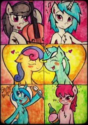 Size: 2434x3474 | Tagged: safe, artist:canvymamamoo, derpibooru import, berry punch, berryshine, bon bon, lyra heartstrings, minuette, octavia melody, sweetie drops, vinyl scratch, alcohol, background six, brushie, drunk, female, lesbian, lyrabon, shipping