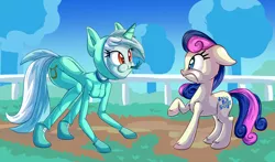 Size: 3000x1758 | Tagged: safe, artist:discorded, derpibooru import, bon bon, lyra heartstrings, sweetie drops, equestria girls, bodysuit, bon bon is not amused, chest fluff, clothes, costume, humans doing horse things, lyra doing lyra things, pony costume, raised hoof, wat, wide eyes