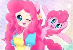 Size: 1024x704 | Tagged: dead source, safe, artist:framboosi, derpibooru import, pinkie pie, human, pony, bow, colored pupils, cute, diapinkes, eared humanization, hair bow, heart eyes, human ponidox, humanized, moe, open mouth, self ponidox, wingding eyes