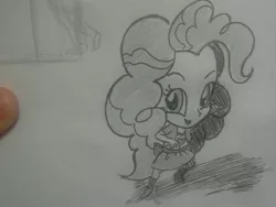 Size: 2560x1920 | Tagged: safe, artist:jofca, derpibooru import, pinkie pie, equestria girls, monochrome, perspective, smiling, solo, traditional art