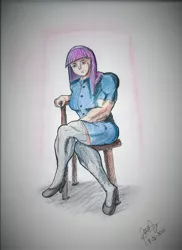 Size: 2550x3507 | Tagged: amazonian, artist:pandatarius, clothes, derpibooru import, human, humanized, looking at you, maud pie, maud pump, muscles, safe, sitting, stockings, thigh highs, traditional art