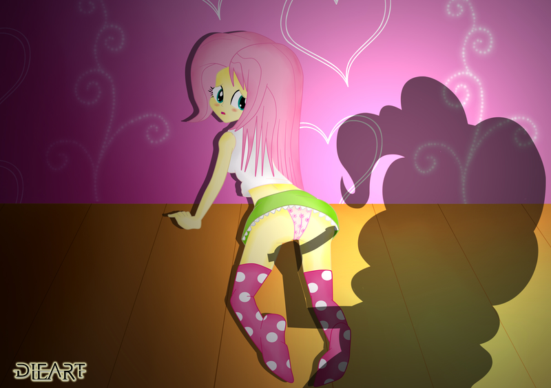 Size: 2325x1635 | Tagged: questionable, artist:dieart77, derpibooru import, fluttershy, pinkie pie, equestria girls, clothes, concerned, dildo, floor, flower pattern underwear, long hair, looking back, midriff, panties, pink underwear, sex toy, shadow, signature, skirt, socks, underwear, upskirt, wall