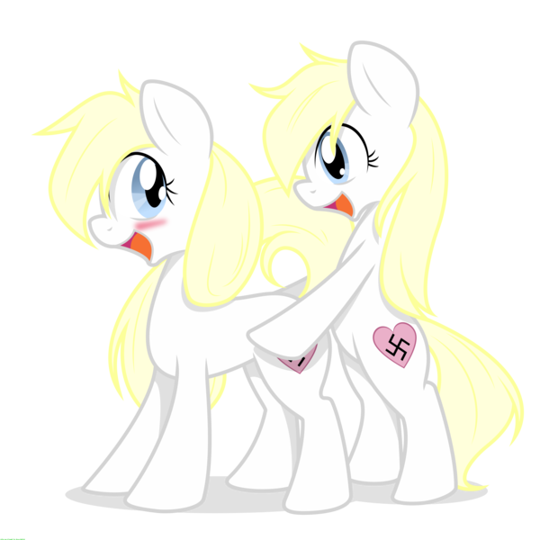 Size: 2500x2500 | Tagged: artist:randy, artist:vectorfag, blushing, clone, cute, derpibooru import, mounting, nazi, oc, oc:aryanne, selfcest, self ponidox, shipping, simple background, smiling, standing, suggestive, swastika, transparent background, twin, unofficial characters only, vector