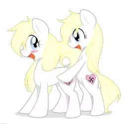 Size: 2500x2500 | Tagged: artist:randy, artist:vectorfag, blushing, clone, cute, derpibooru import, mounting, nazi, oc, oc:aryanne, selfcest, self ponidox, shipping, simple background, smiling, standing, suggestive, swastika, transparent background, twin, unofficial characters only, vector