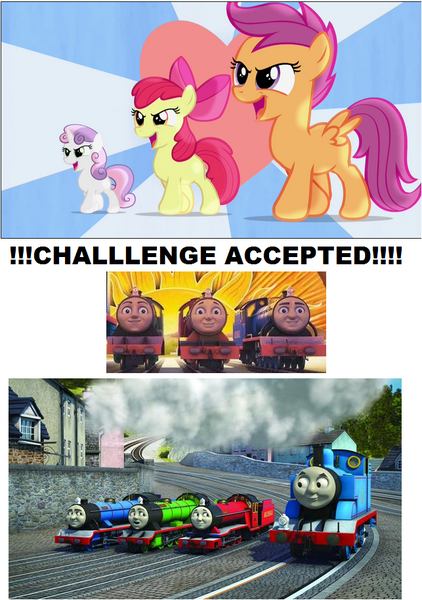 Size: 643x915 | Tagged: apple bloom, bert, challenge accepted, cutie mark crusaders, derpibooru import, flight to the finish, hearts as strong as horses, mike, never overlook a little engine, rex, safe, scootaloo, sweetie belle, thomas the tank engine