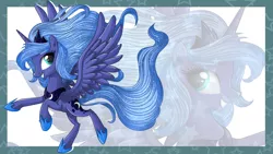 Size: 2560x1440 | Tagged: dead source, safe, artist:vird-gi, derpibooru import, princess luna, alicorn, pony, female, mare, s1 luna, smiling, solo, spread wings, wallpaper, wings, zoom layer