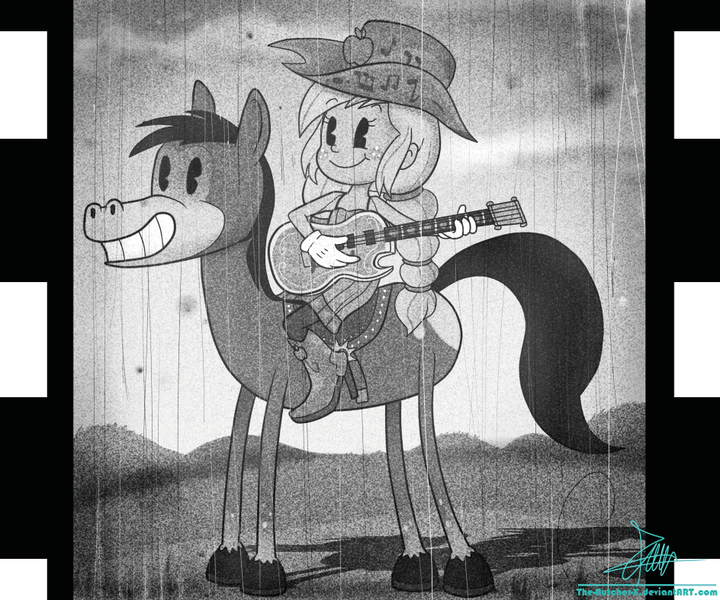 Size: 944x787 | Tagged: safe, artist:the-butch-x, derpibooru import, applejack, horse, equestria girls, friendship through the ages, acoustic guitar, black and white cartoon, country applejack, disney, grin, guitar, monochrome, old timey, oldschool cartoon, pacman eyes, retro, sleeveless, smiling, style emulation