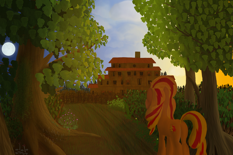 Size: 1125x750 | Tagged: safe, artist:minosua, derpibooru import, sunset shimmer, pony, unicorn, nature, scenery, solo, sunset