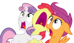 Size: 6107x3510 | Tagged: apple bloom, artist:masem, cutie mark crusaders, derpibooru import, nose in the air, safe, scared, scootaloo, screaming, simple background, sweetie belle, transparent background, uvula, vector