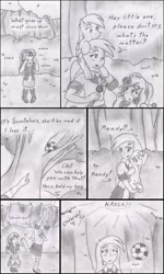 Size: 1911x3175 | Tagged: safe, artist:poseidonathenea, derpibooru import, derpy hooves, sweetie belle, equestria girls, comic, crying, football, human ponidox, monochrome, ponidox world, traditional art