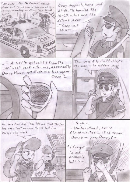 Size: 1517x2131 | Tagged: safe, artist:poseidonathenea, derpibooru import, normal norman, officer pootang mang, starlight, pony, equestria girls, background human, clothes, cute, eyes closed, human ponidox, kurt marshall, microphone, monochrome, open mouth, petting, police car, police officer, ponidox world, radio, sitting, smiling, traditional art