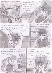 Size: 1517x2131 | Tagged: safe, artist:poseidonathenea, derpibooru import, normal norman, officer pootang mang, starlight, pony, equestria girls, background human, clothes, cute, eyes closed, human ponidox, kurt marshall, microphone, monochrome, open mouth, petting, police car, police officer, ponidox world, radio, sitting, smiling, traditional art