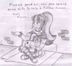 Size: 1459x1334 | Tagged: safe, artist:poseidonathenea, derpibooru import, sonata dusk, ponified, equestria girls, begging, dialogue, hobo, homeless, human ponidox, monochrome, ponidox world, poverty, self ponidox, traditional art