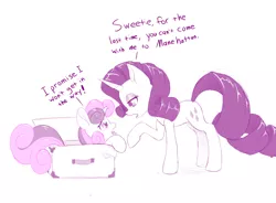 Size: 1220x900 | Tagged: safe, artist:dstears, derpibooru import, rarity, sweetie belle, pony, unicorn, box, cute, dialogue, diasweetes, duo, lidded eyes, looking at each other, monochrome, open mouth, pony in a box, raised hoof, simple background, white background