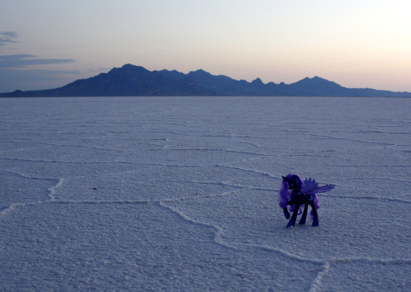 Size: 3440x2451 | Tagged: ask bikemare moon, bonneville salt flats, brushable, derpibooru import, irl, mountain, nightmare moon, photo, ponies around the world, safe, salt flats, solo, toy, tumblr