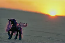 Size: 4272x2848 | Tagged: ask bikemare moon, bonneville salt flats, brushable, derpibooru import, irl, nightmare moon, photo, ponies around the world, safe, salt flats, solo, sun, sunrise, toy, tumblr